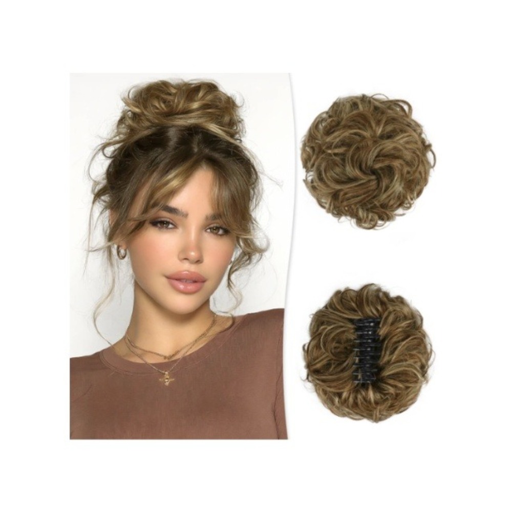 Large Messy Bun Human Hair Piece Claw Clip Wavy Chignon Extension Warm Brown